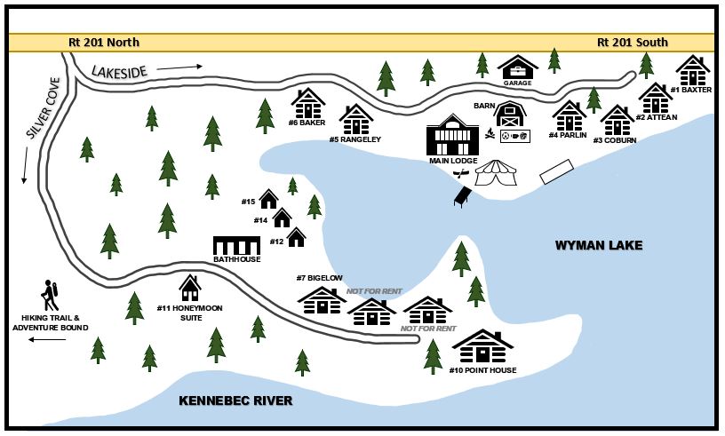 Maine Lakeside Cabins property map showing cabin locations, Main Lodge, barn, tent area, Point House, Wyman Lake, and hiking trails along Route 201